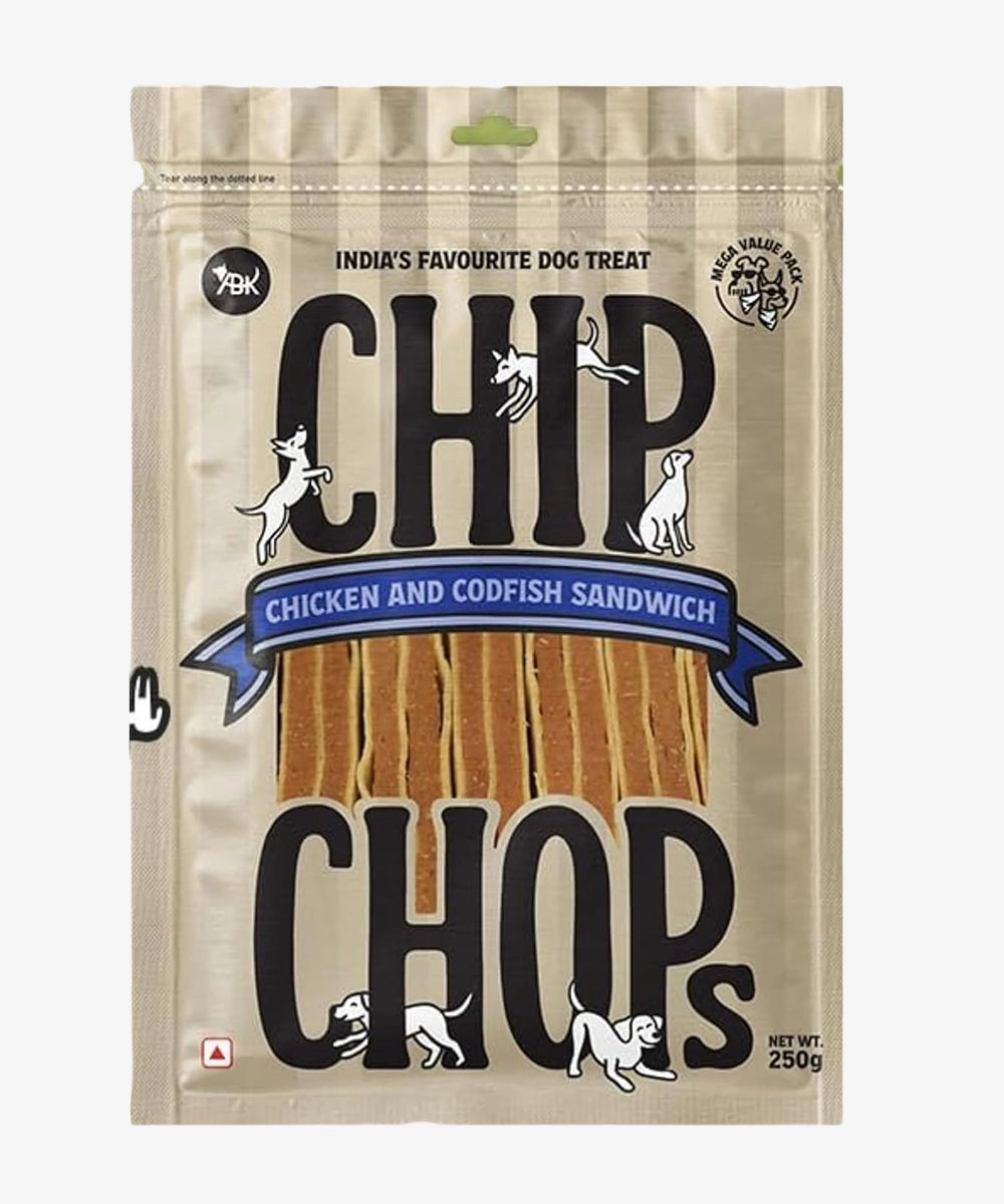 Chip chops dog treats   chicken & codfish sandwich