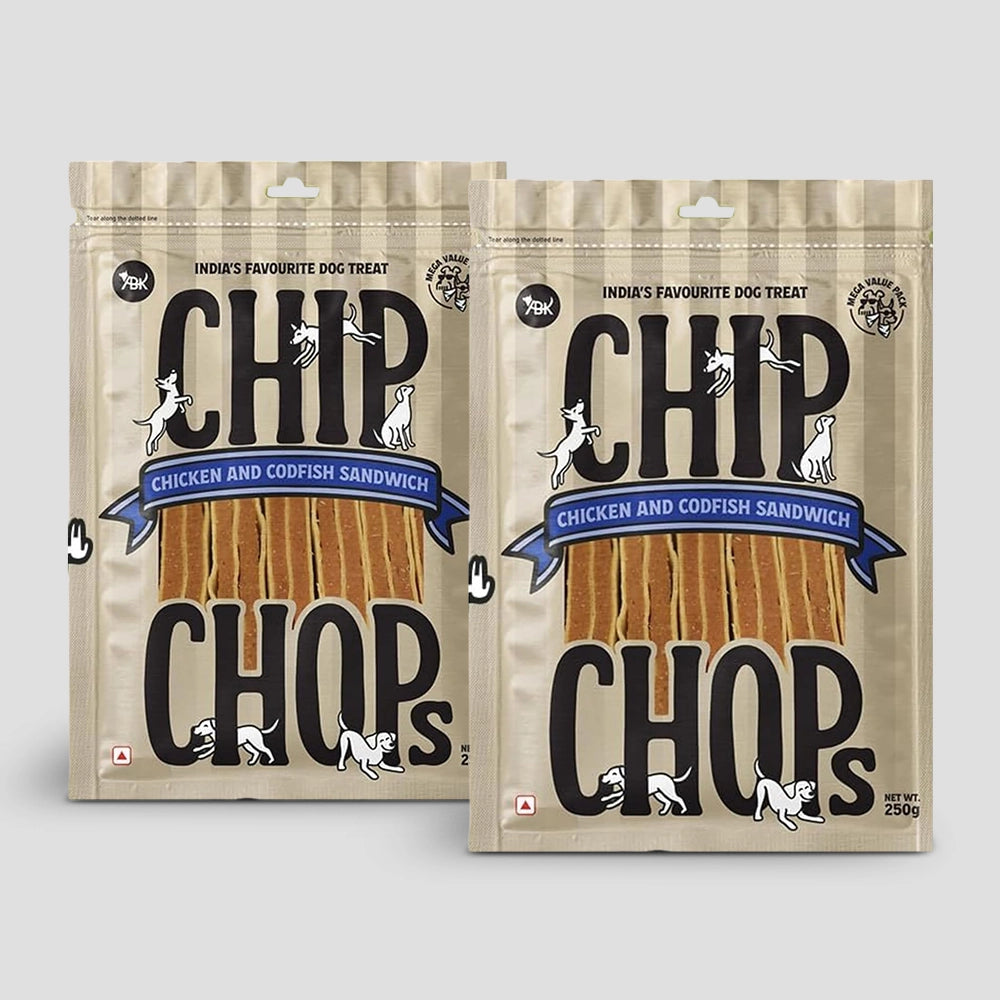 Chip chops dog treats   chicken & codfish sandwich